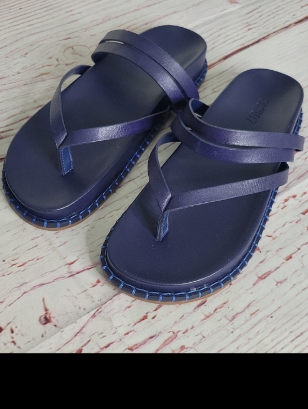 SCHUTZ Rania Navy Triple-Strap Leather Thong with Blue Whipstitching. Size 8